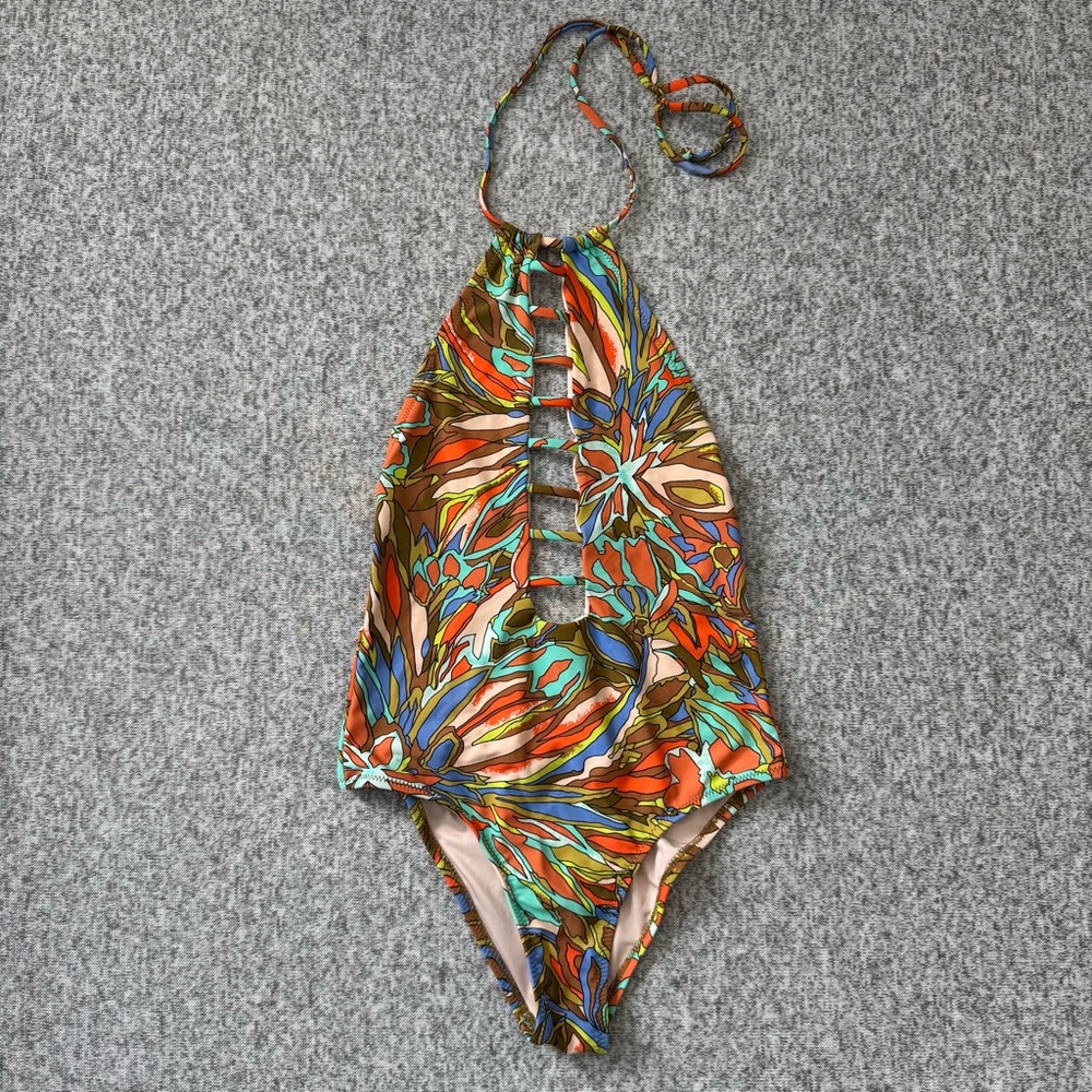 Volcom Multicolor Floral Halter One-Piece Swimsuit - Orange, Green, Blue, Brown